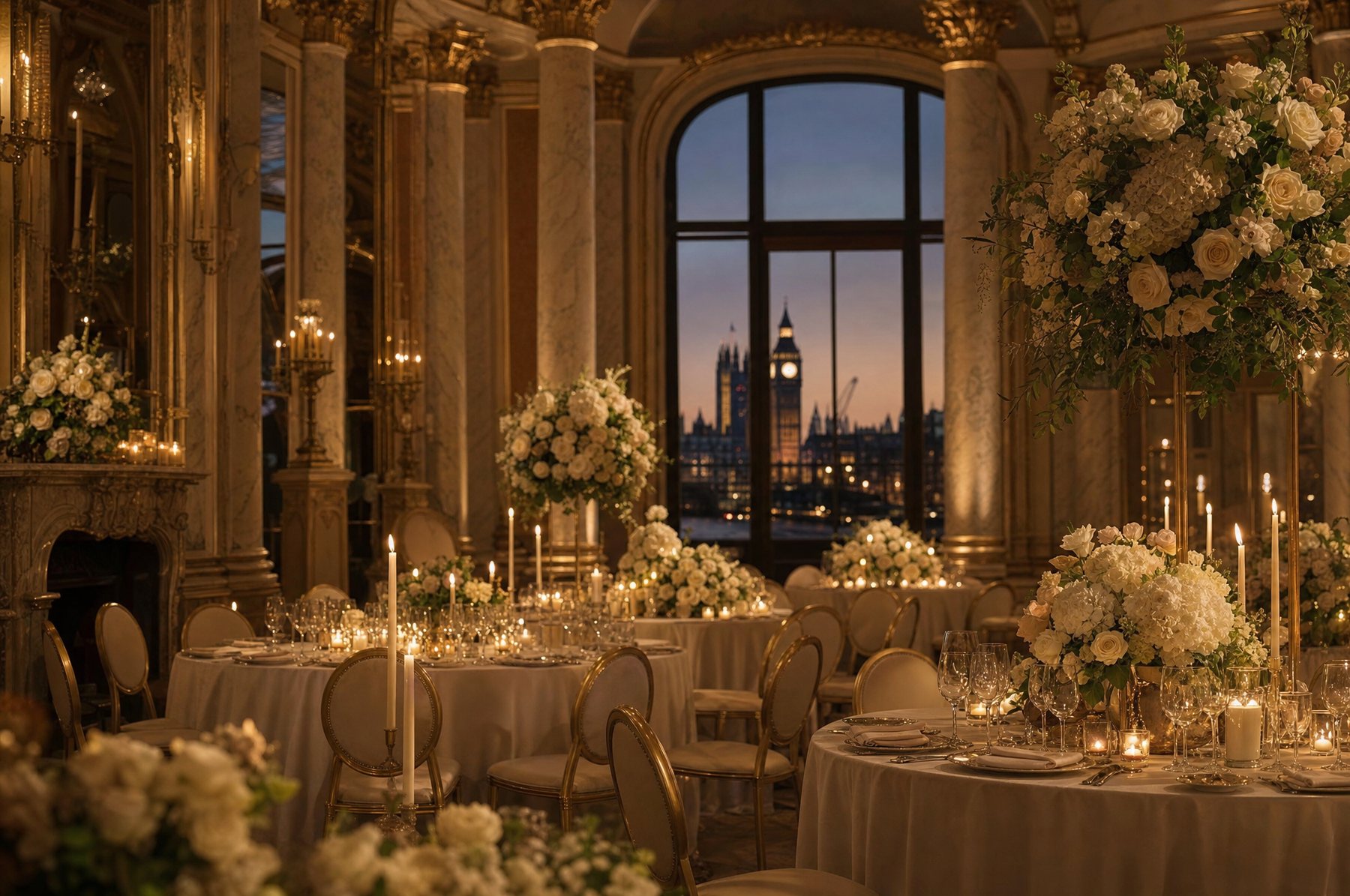 AI illustration: a candlelit wedding reception room at dusk