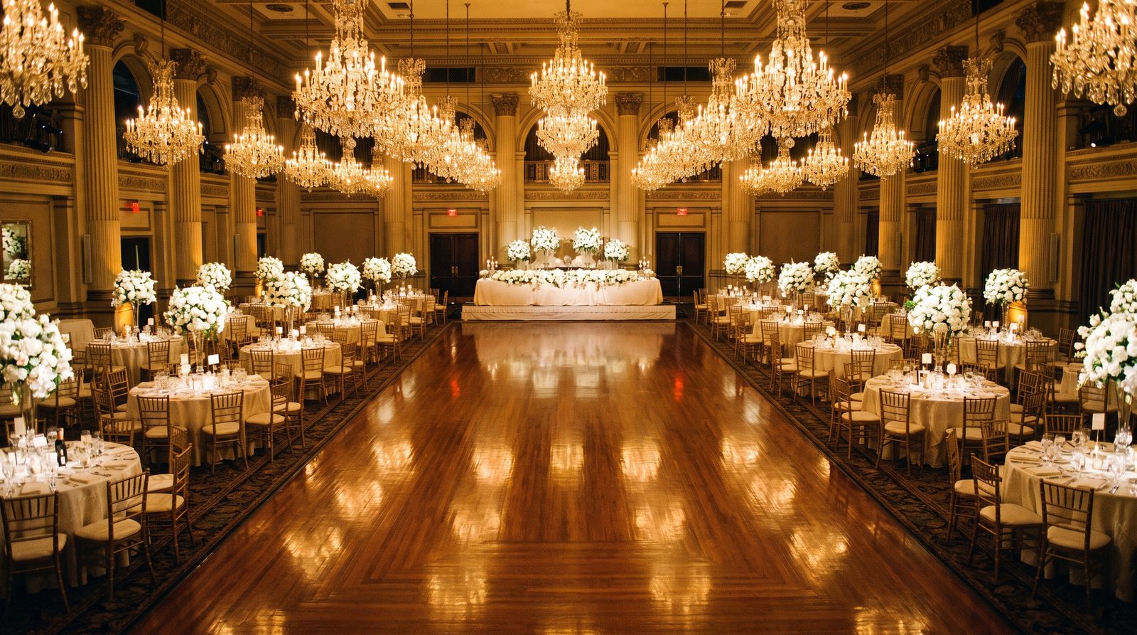 An illustration of a banqueting hall set for a large wedding