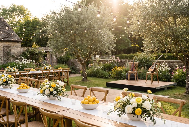 A summer garden wedding under olive trees with festoon lights, lemons and long tables