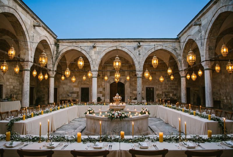 An Ottoman-style stone courtyard with arches, lanterns and long banquet tables