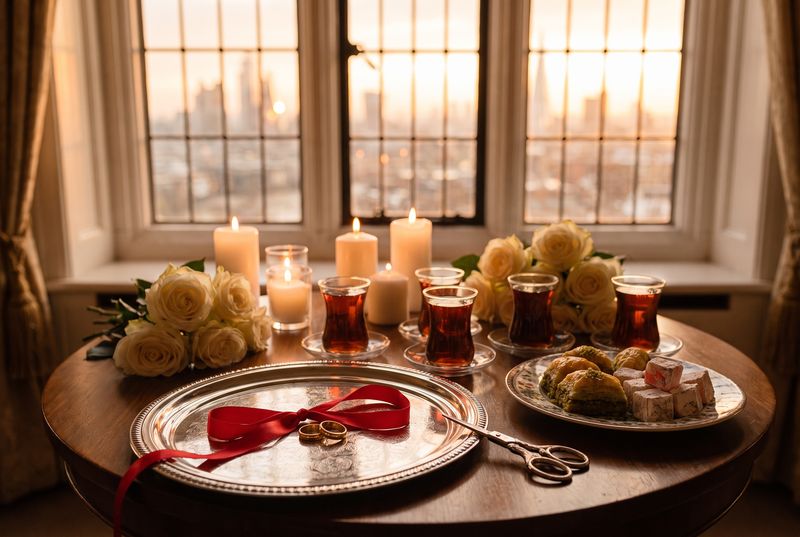 AI illustration: two rings tied with a red ribbon on a silver tray, tea and baklava