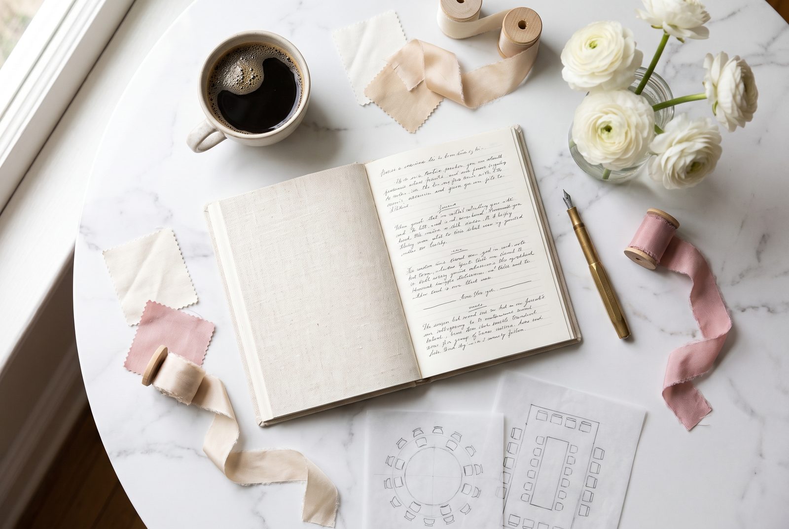 A wedding planner's notebook with a day timeline, fabric swatches and a floor plan